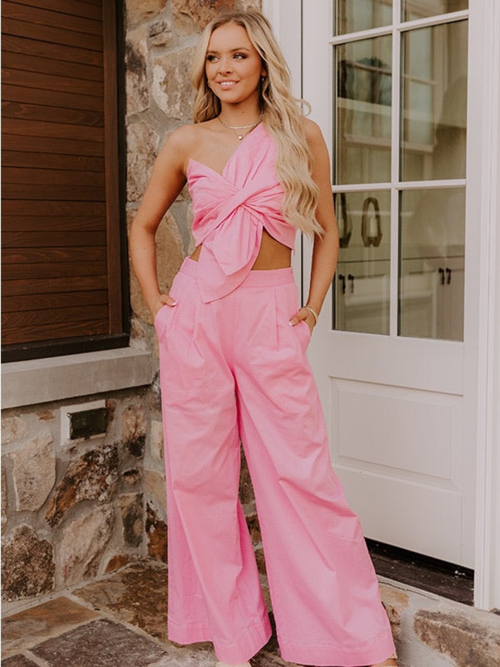 NWT SIZE S Strut & Bolt Pink Wide-Leg Pants & Bow Crop Top Set - Women - Picture 2 of 5